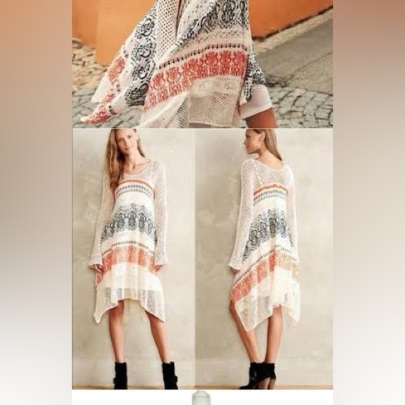 Anthropologie Sleeping On Snow Crochet Sweater Dress Ivory\Orange Fair‎ Isle XS - Picture 1 of 10